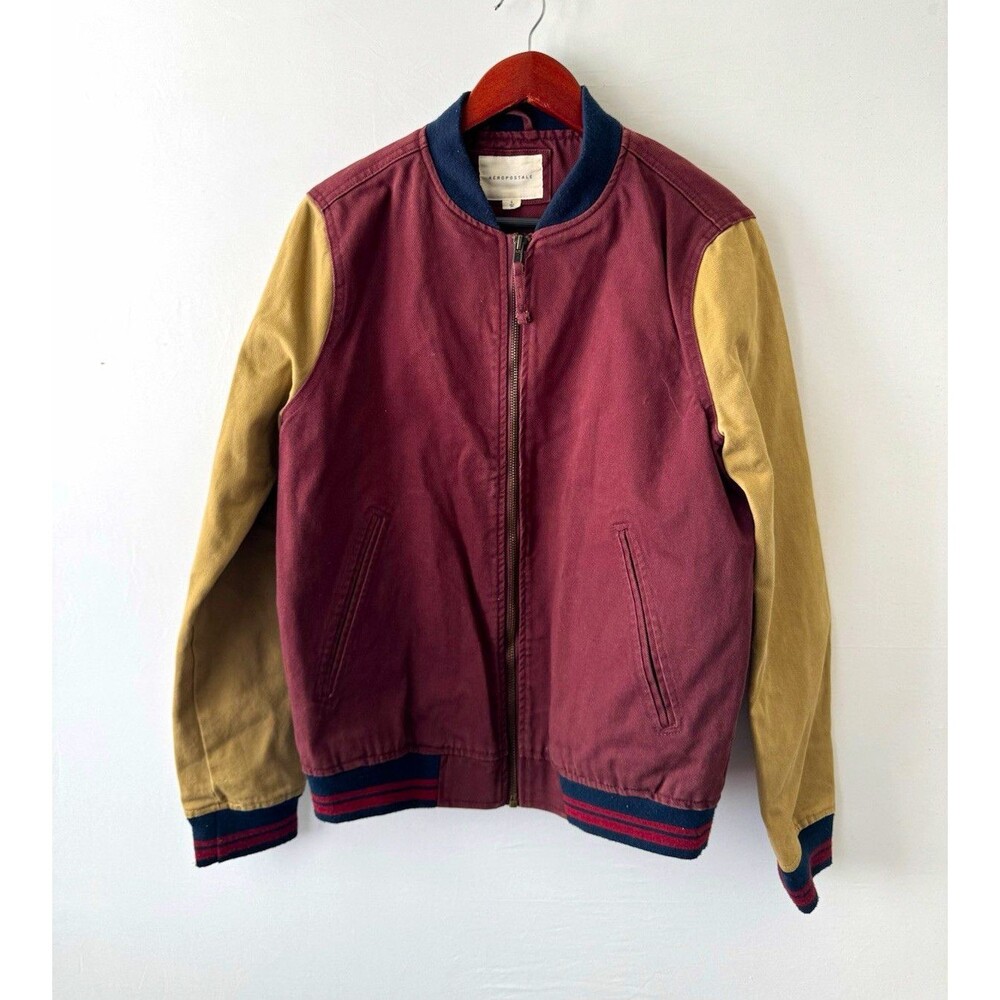 Aéropostale Mens Bomber Jacket Burgundy Tan Full Zip Band Collar Pockets S